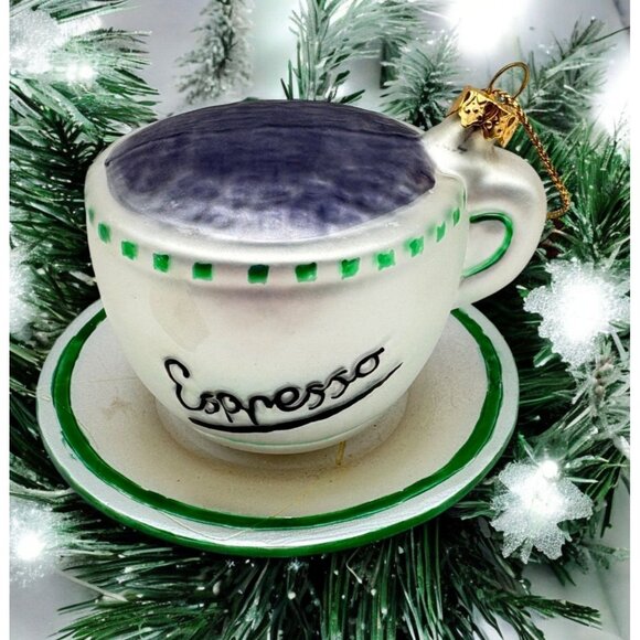Vintage Espresso Cup Glass Christmas Tree Ornament with Saucer White Green Trim - Picture 1 of 9